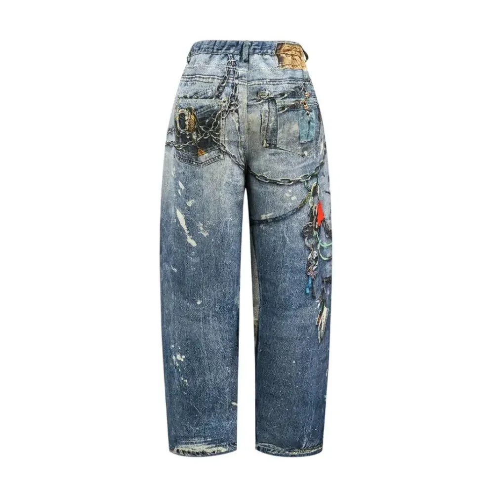 Micas Printed Distressed Denim Effect Wide Leg Trousers 0XL NWT Streetwear